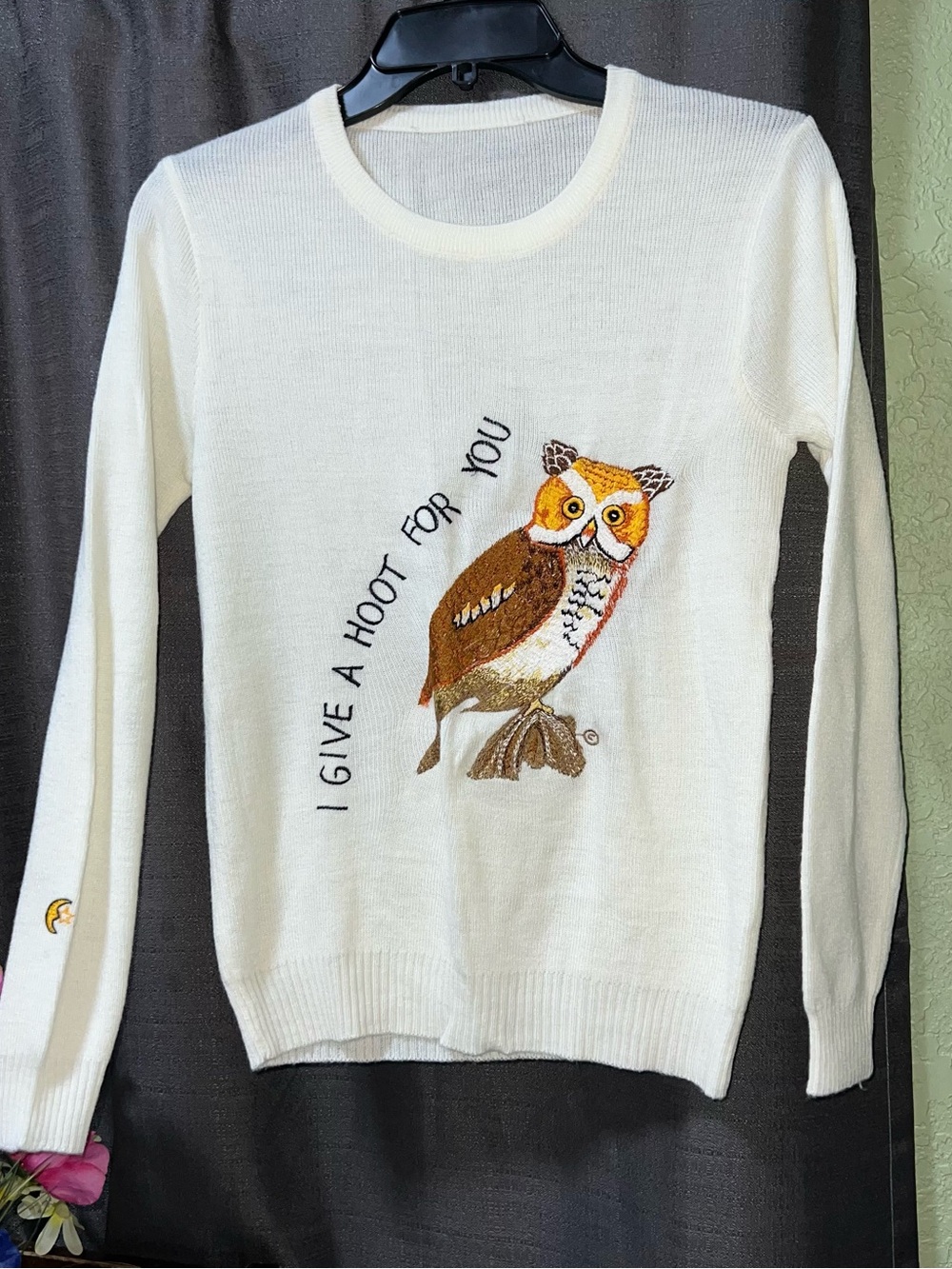 Vintage Cyn Les Shirlee Hoot Owl Embroidered Knit Sweater